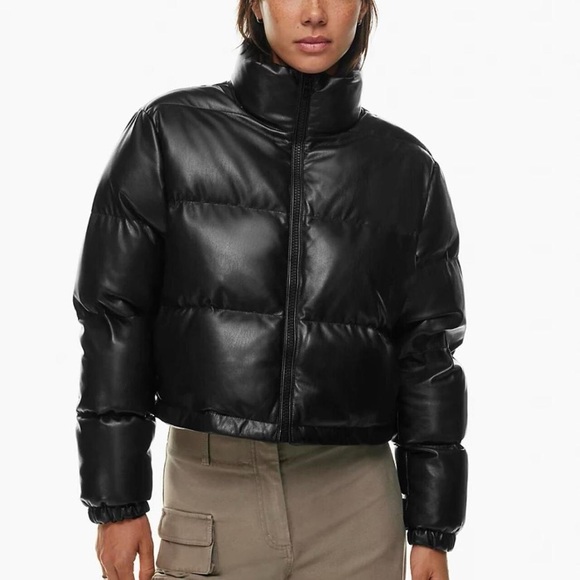Women's Aritzia Wilfred Free Vista Cropped Puffer Jacket Black Leather - Picture 1 of 4
